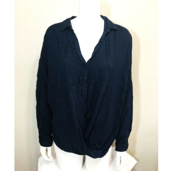BDG Medium Shirt Navy Blue Micro Stripe Blouse Hem - Picture 1 of 8